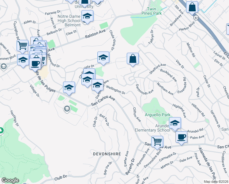 map of restaurants, bars, coffee shops, grocery stores, and more near 615 Wellington Drive in San Carlos