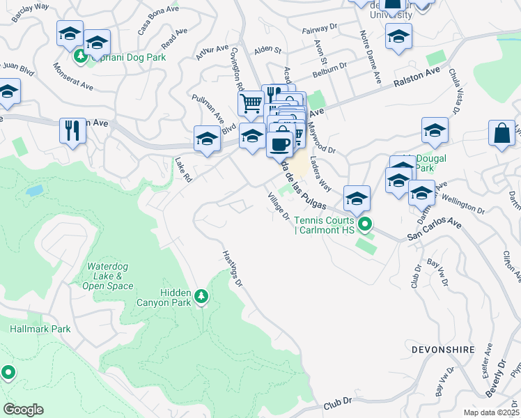 map of restaurants, bars, coffee shops, grocery stores, and more near 2231 Village Court in Belmont