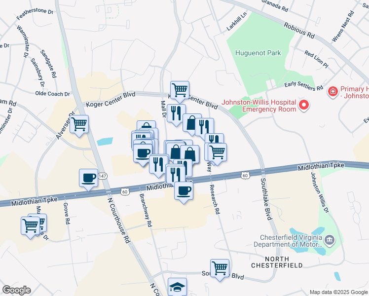 map of restaurants, bars, coffee shops, grocery stores, and more near 11382 Mall Court in Richmond