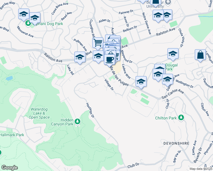 map of restaurants, bars, coffee shops, grocery stores, and more near 2231 Village Court in Belmont