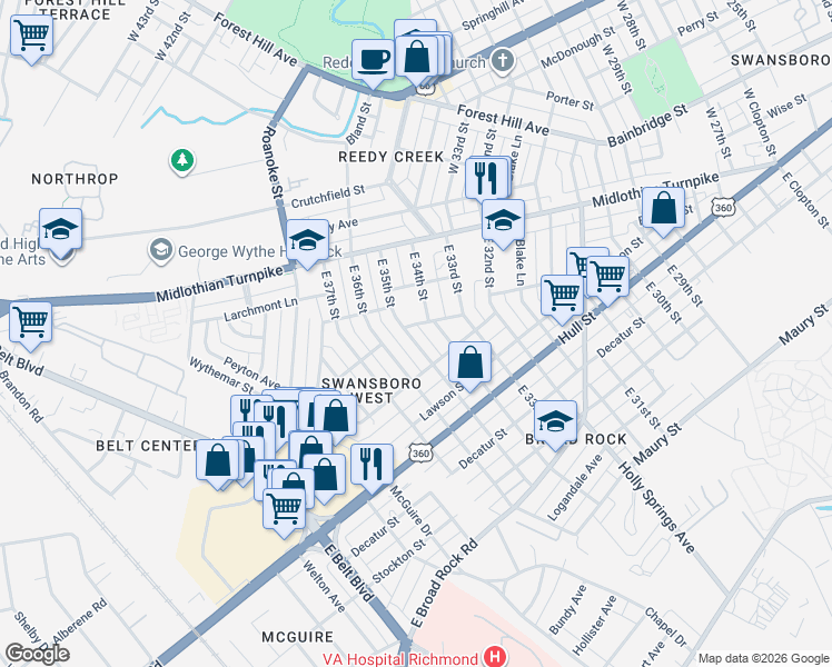 map of restaurants, bars, coffee shops, grocery stores, and more near 109 East 35th Street in Richmond