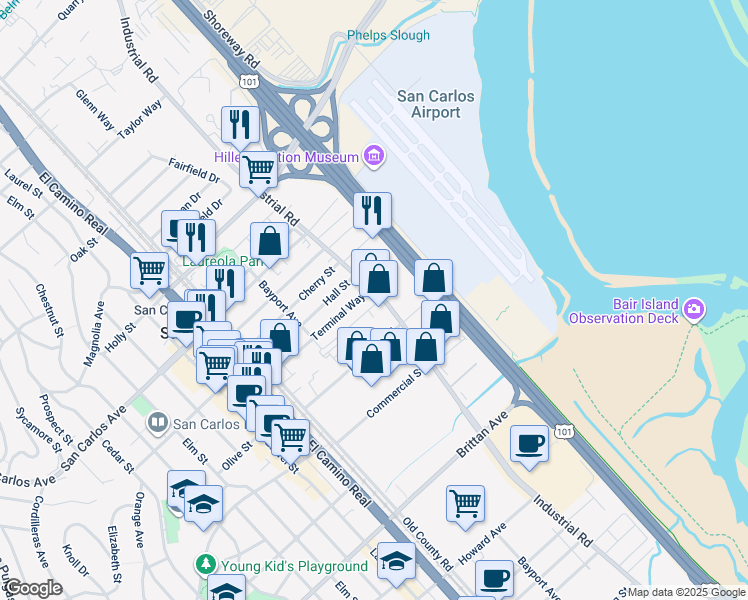 map of restaurants, bars, coffee shops, grocery stores, and more near 745 Industrial Road in San Carlos