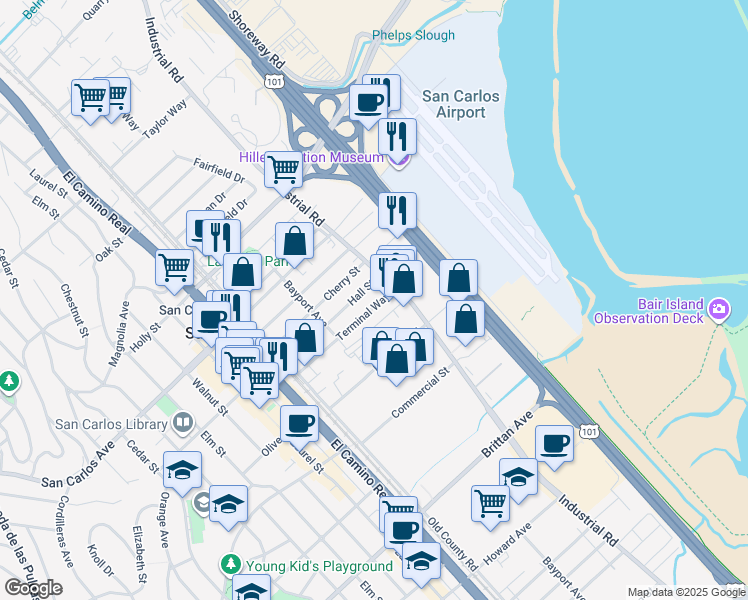 map of restaurants, bars, coffee shops, grocery stores, and more near 916 Hall Street in San Carlos
