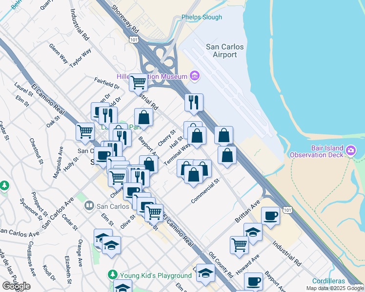 map of restaurants, bars, coffee shops, grocery stores, and more near 932 Terminal Way in San Carlos