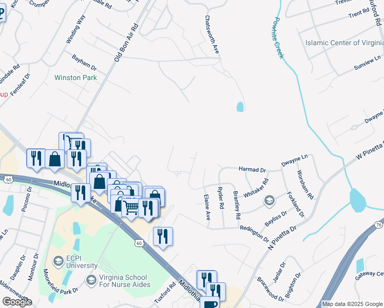 map of restaurants, bars, coffee shops, grocery stores, and more near 9633 Benbow Road in Richmond
