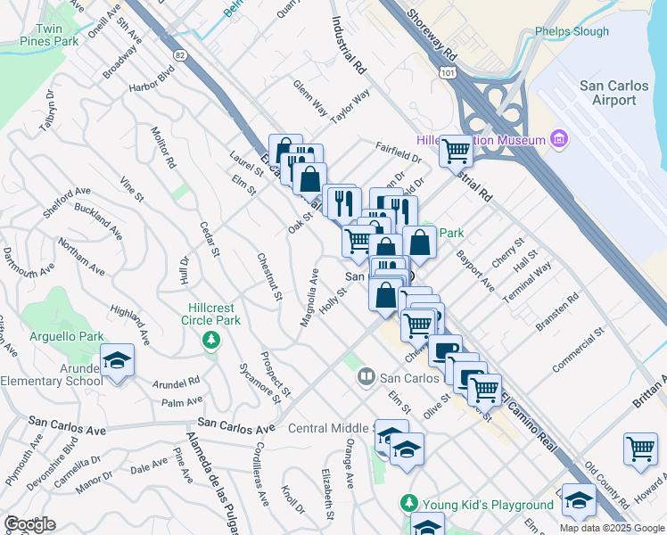 map of restaurants, bars, coffee shops, grocery stores, and more near 391 Laurel Street in San Carlos