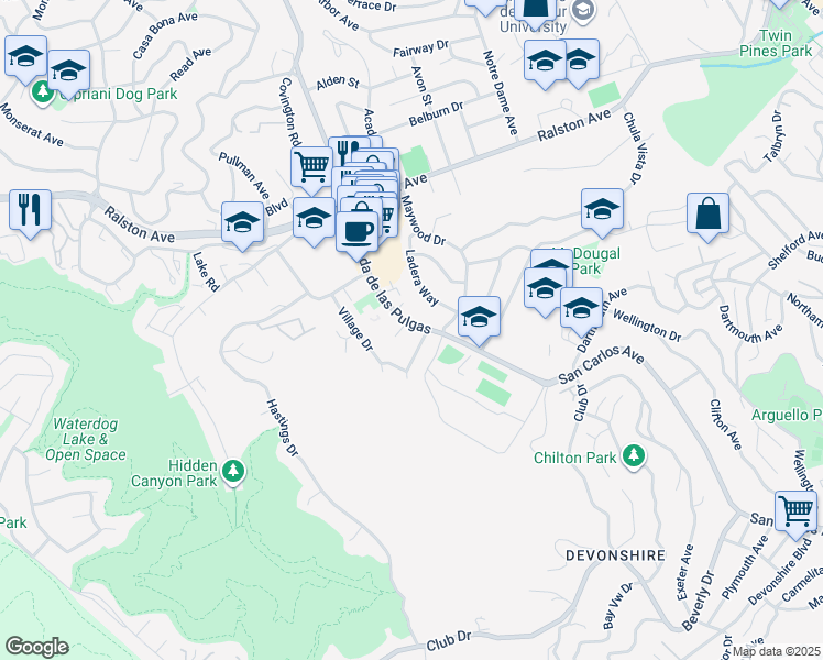 map of restaurants, bars, coffee shops, grocery stores, and more near 1191 Alameda de las Pulgas in Belmont