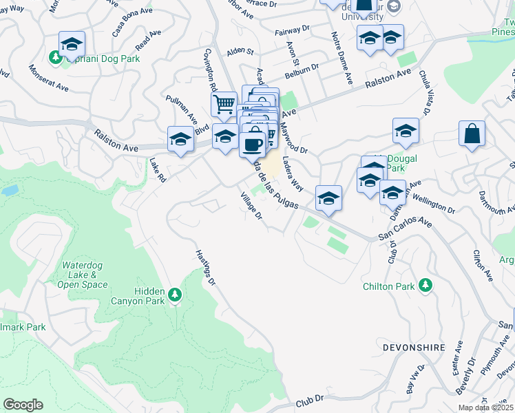 map of restaurants, bars, coffee shops, grocery stores, and more near 1110 Alameda de las Pulgas in Belmont