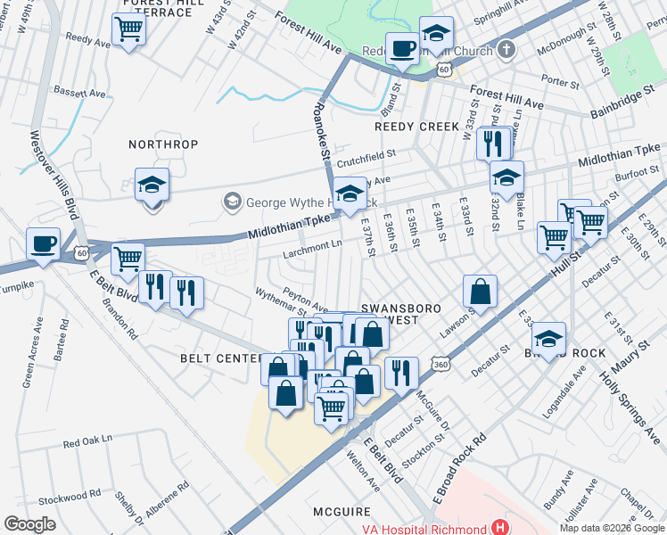 map of restaurants, bars, coffee shops, grocery stores, and more near 100 East Roanoke Street in Richmond