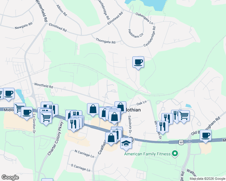map of restaurants, bars, coffee shops, grocery stores, and more near 1300 Sycamore Square Drive in Midlothian