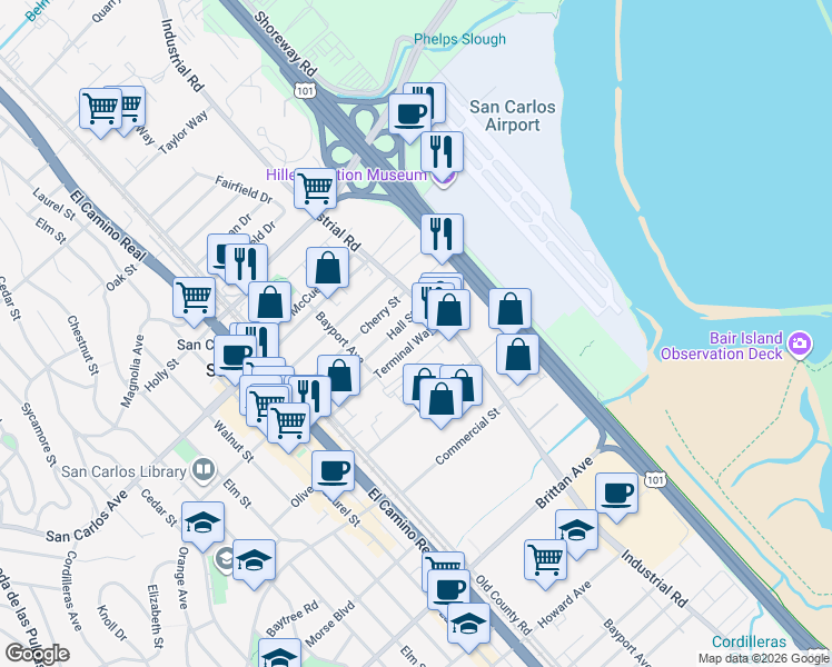 map of restaurants, bars, coffee shops, grocery stores, and more near 932 Terminal Way in San Carlos