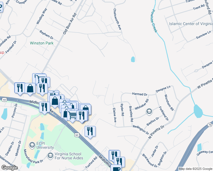 map of restaurants, bars, coffee shops, grocery stores, and more near 9633 Benbow Road in Richmond