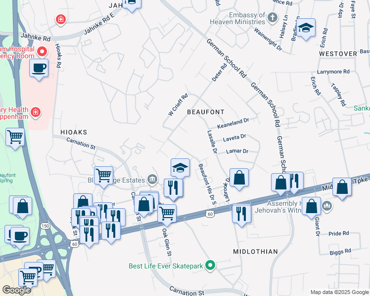 map of restaurants, bars, coffee shops, grocery stores, and more near 407 Beaufont Hills Drive in Richmond