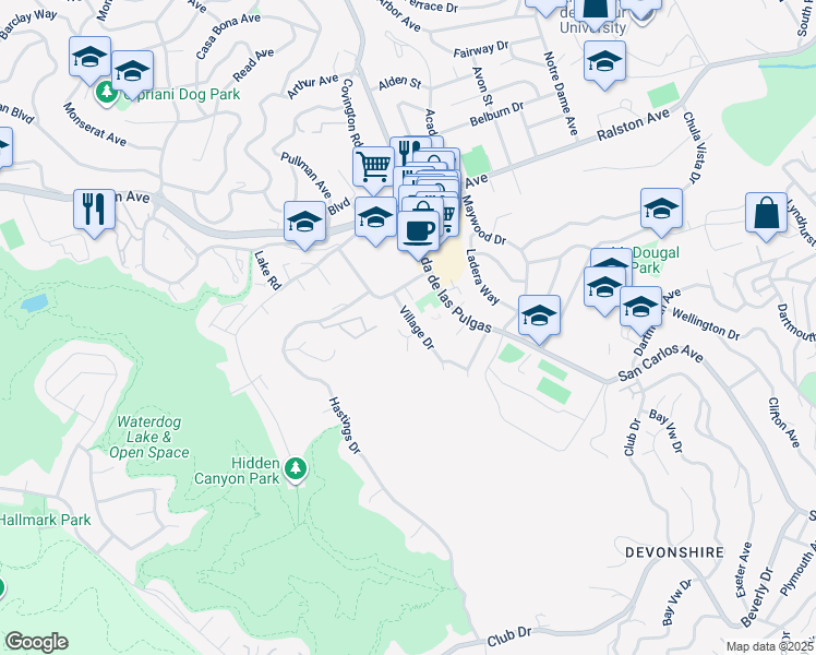 map of restaurants, bars, coffee shops, grocery stores, and more near 2200 Village Court in Belmont