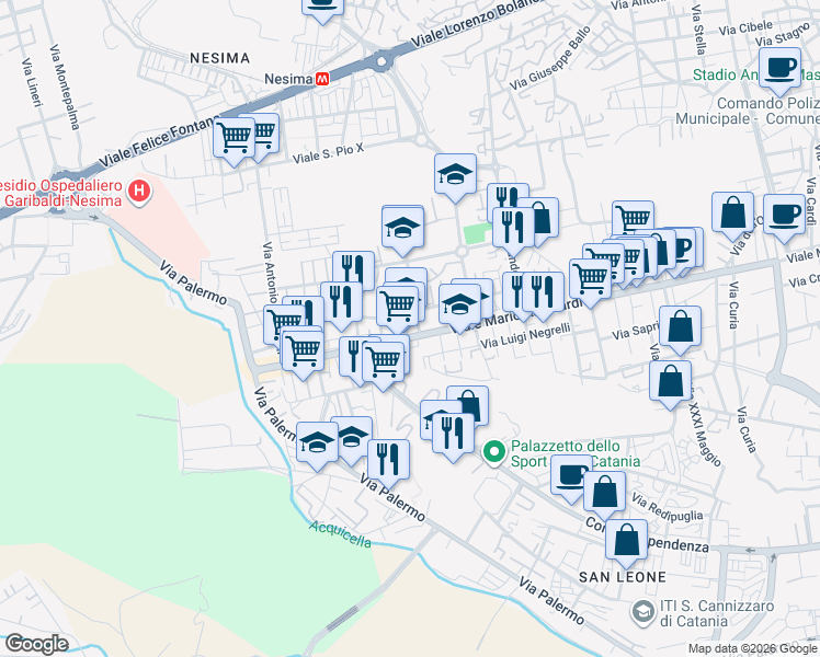 map of restaurants, bars, coffee shops, grocery stores, and more near Via Giacomo Pagliari in Catania