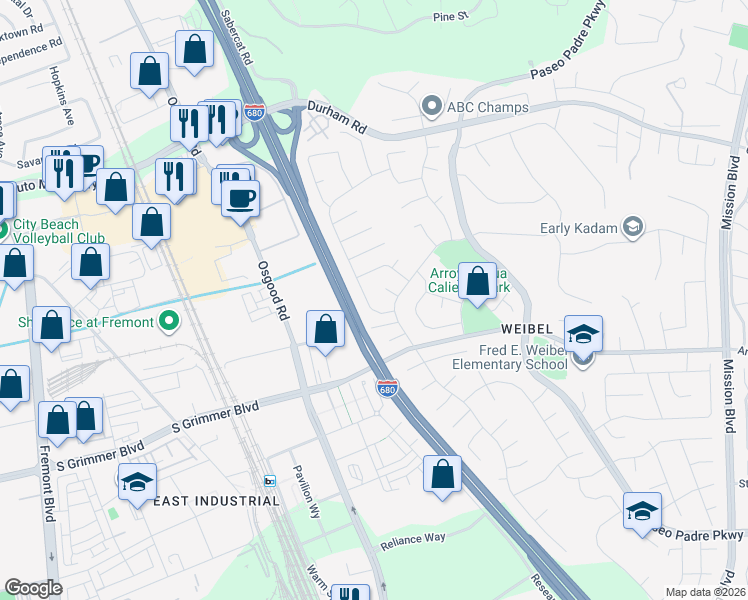 map of restaurants, bars, coffee shops, grocery stores, and more near 44840 Camellia Drive in Fremont