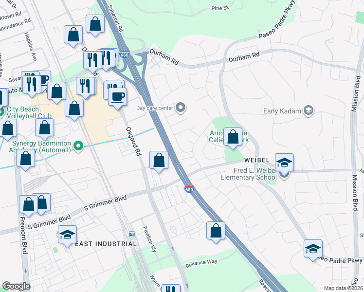 map of restaurants, bars, coffee shops, grocery stores, and more near 44840 Camellia Drive in Fremont