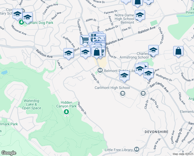 map of restaurants, bars, coffee shops, grocery stores, and more near 1133 Village Drive in Belmont