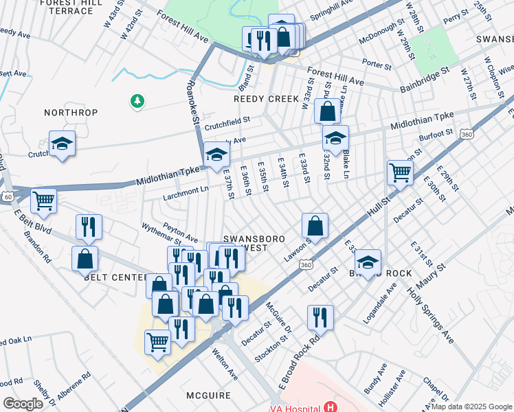 map of restaurants, bars, coffee shops, grocery stores, and more near 24 East 36th Street in Richmond
