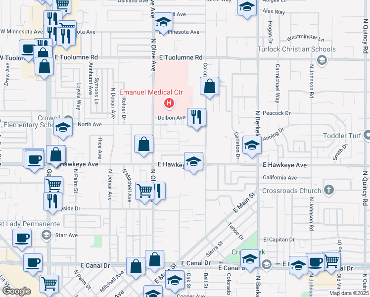 map of restaurants, bars, coffee shops, grocery stores, and more near 1020 Sargon Place in Turlock