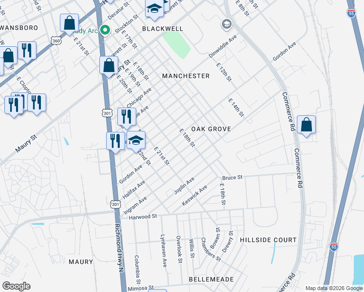 map of restaurants, bars, coffee shops, grocery stores, and more near 1721 Halifax Avenue in Richmond