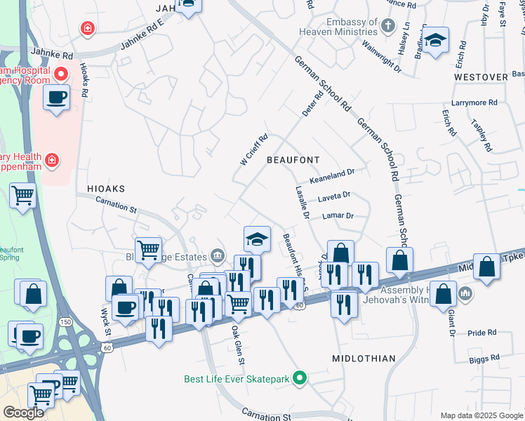 map of restaurants, bars, coffee shops, grocery stores, and more near 409 Beaufont Hills Drive in Richmond
