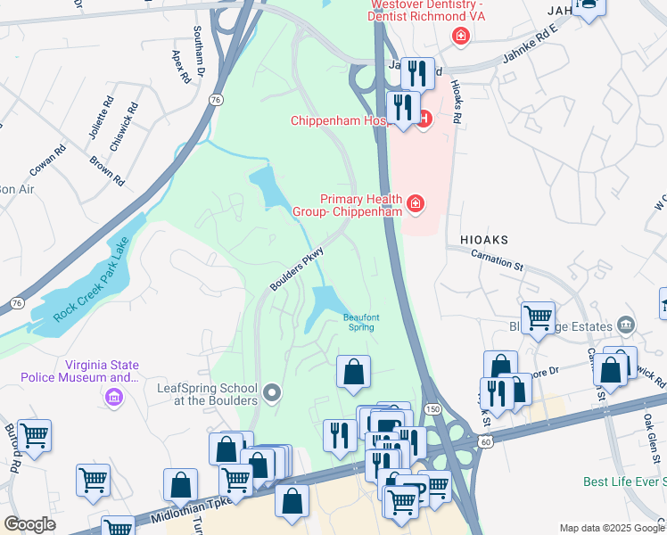 map of restaurants, bars, coffee shops, grocery stores, and more near 7401 Beaufont Springs Drive in Richmond