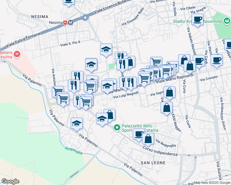 map of restaurants, bars, coffee shops, grocery stores, and more near 3 Via Paolo Lioy in Catania