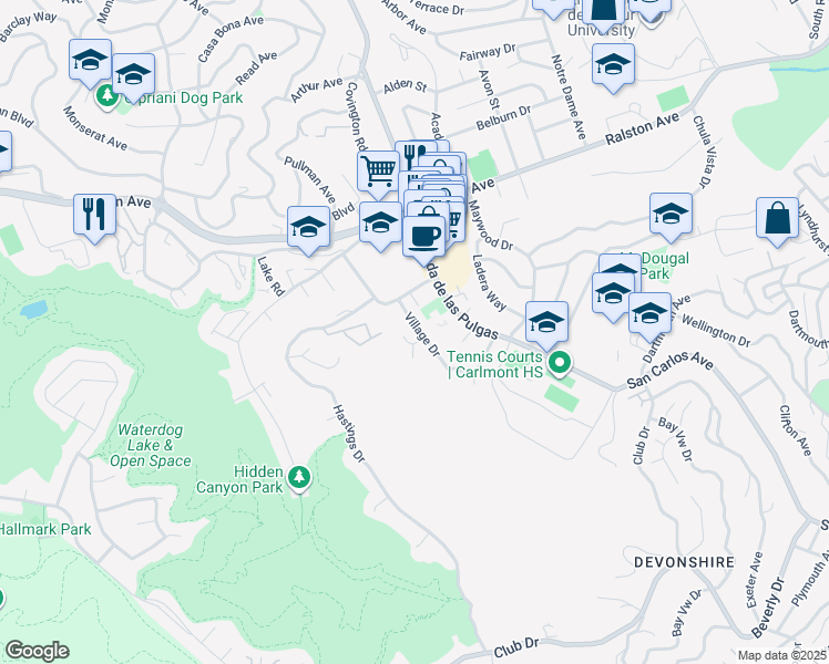 map of restaurants, bars, coffee shops, grocery stores, and more near 2200 Village Court in Belmont
