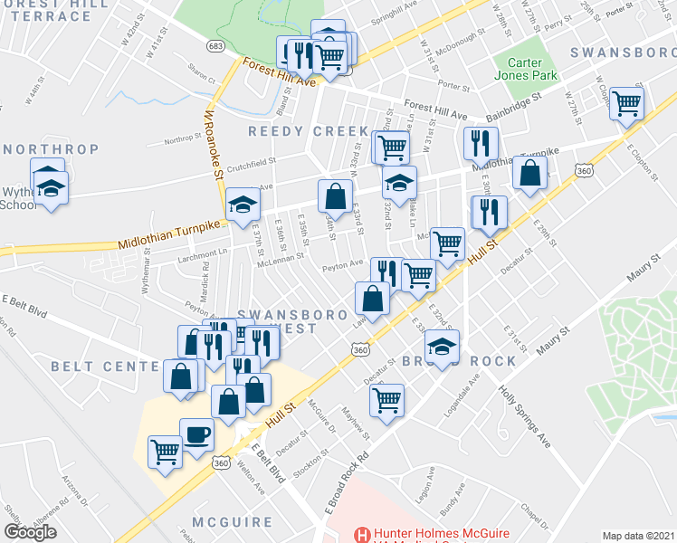 map of restaurants, bars, coffee shops, grocery stores, and more near 3402 Peyton Avenue in Richmond