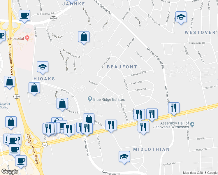 map of restaurants, bars, coffee shops, grocery stores, and more near 409 Beaufont Hills Drive in Richmond