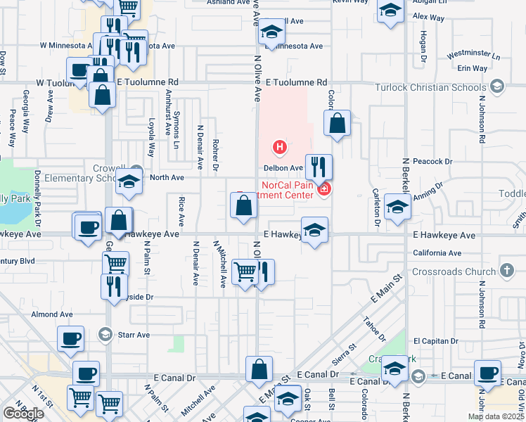 map of restaurants, bars, coffee shops, grocery stores, and more near 1749 North Olive Avenue in Turlock