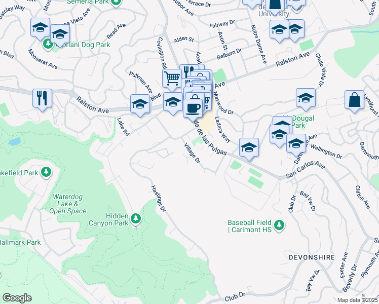 map of restaurants, bars, coffee shops, grocery stores, and more near 1110 Alameda de las Pulgas in Belmont