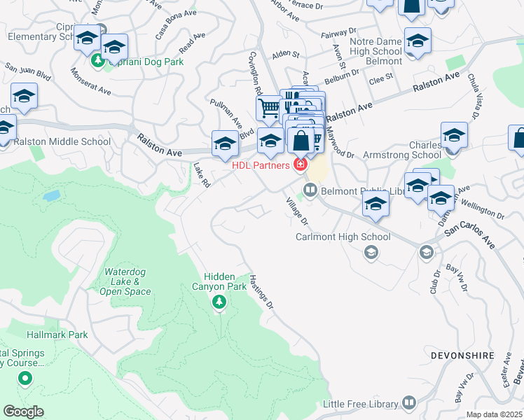 map of restaurants, bars, coffee shops, grocery stores, and more near 2210 Hastings Drive in Belmont