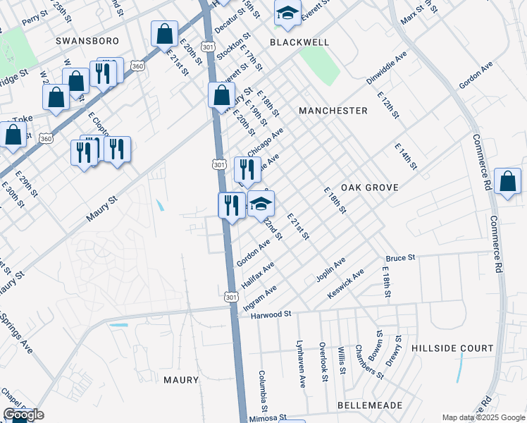 map of restaurants, bars, coffee shops, grocery stores, and more near 2100 Edwards Avenue in Richmond