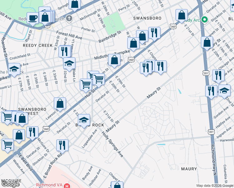 map of restaurants, bars, coffee shops, grocery stores, and more near 2914 Decatur Street in Richmond
