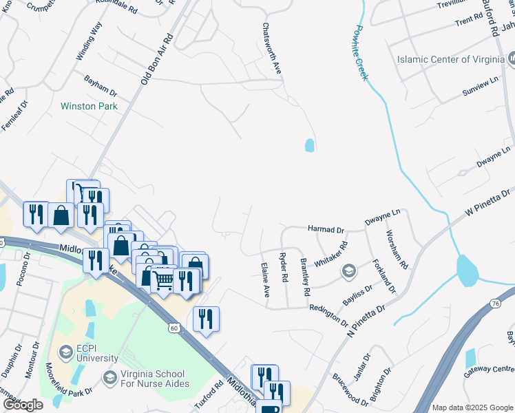 map of restaurants, bars, coffee shops, grocery stores, and more near 9640 Benbow Road in Richmond
