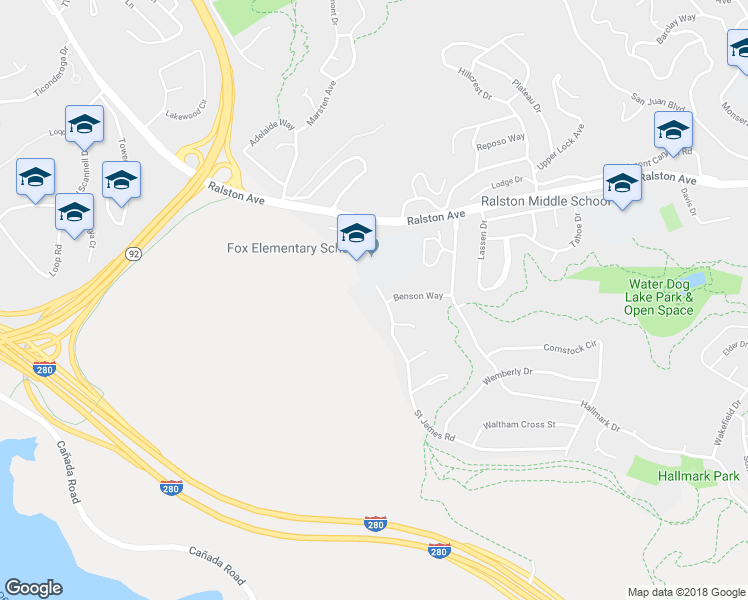 map of restaurants, bars, coffee shops, grocery stores, and more near 3047 Saint James Road in Belmont