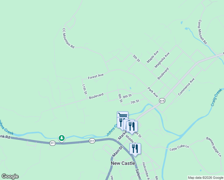 map of restaurants, bars, coffee shops, grocery stores, and more near State Route 638 in New Castle