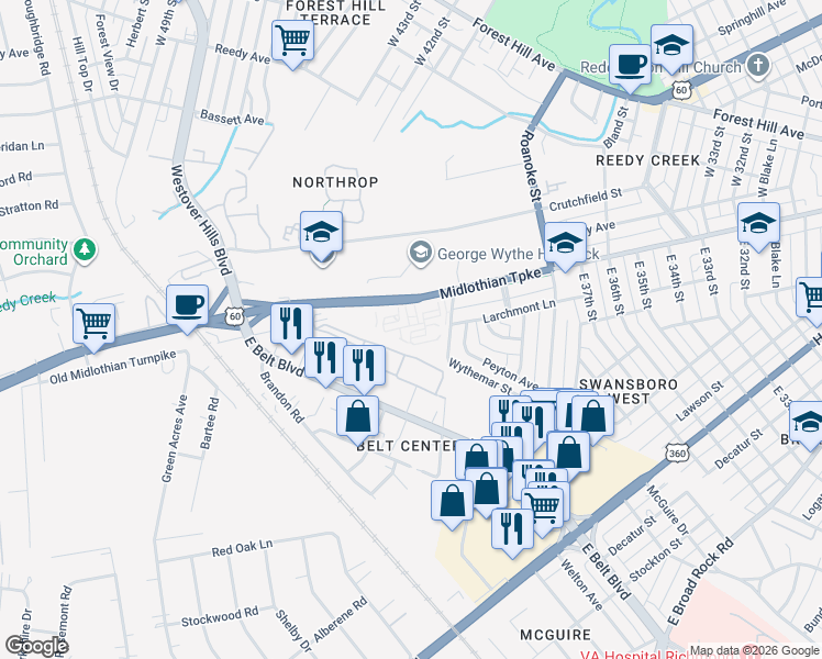 map of restaurants, bars, coffee shops, grocery stores, and more near 4032 Midlothian Turnpike in Richmond
