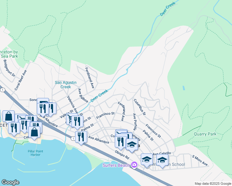 map of restaurants, bars, coffee shops, grocery stores, and more near 160 Dolores Street in Half Moon Bay