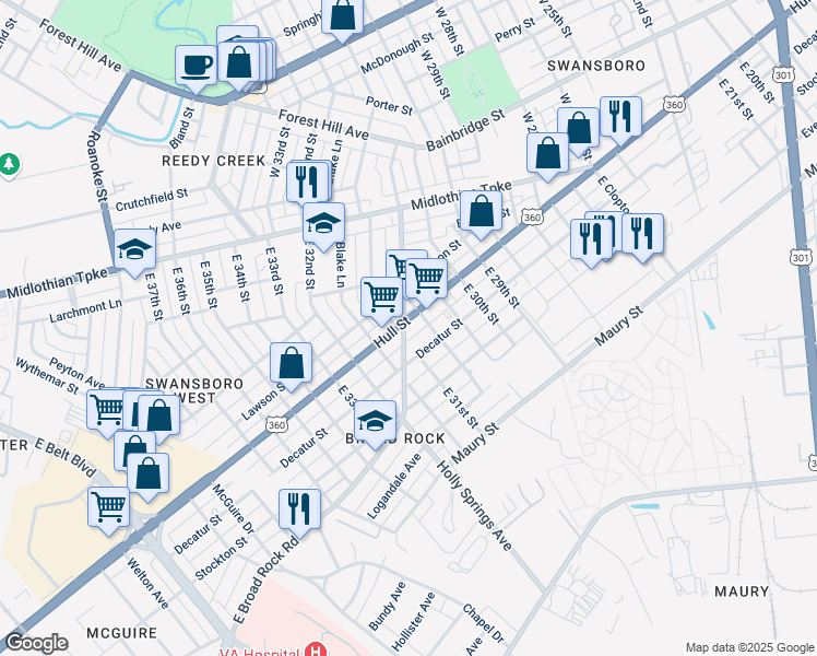 map of restaurants, bars, coffee shops, grocery stores, and more near 3078 Hull Street in Richmond