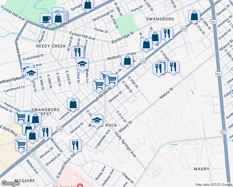 map of restaurants, bars, coffee shops, grocery stores, and more near 3059 Decatur Street in Richmond