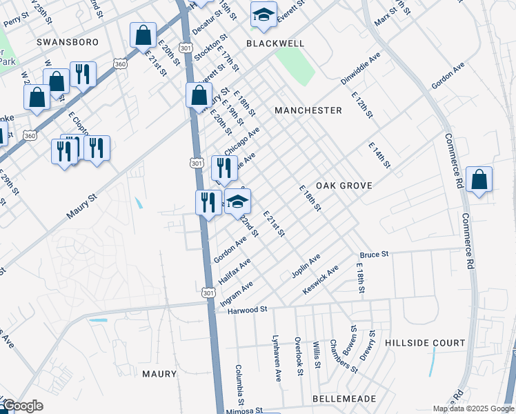 map of restaurants, bars, coffee shops, grocery stores, and more near 2100 Fairfax Avenue in Richmond