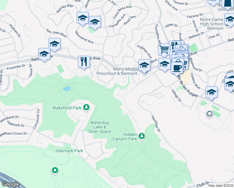 map of restaurants, bars, coffee shops, grocery stores, and more near 1100 Live Oak Way in Belmont