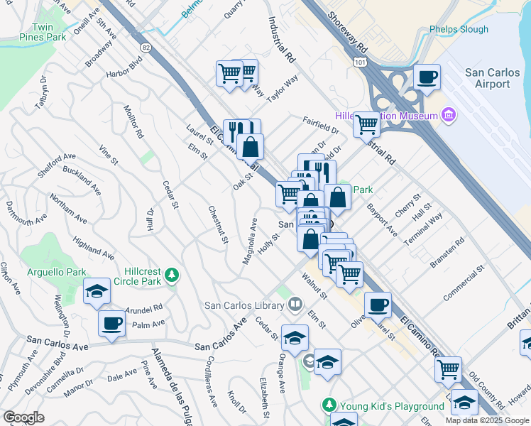 map of restaurants, bars, coffee shops, grocery stores, and more near 391 Laurel Street in San Carlos