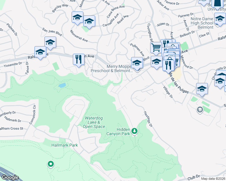 map of restaurants, bars, coffee shops, grocery stores, and more near 1100 Live Oak Way in Belmont