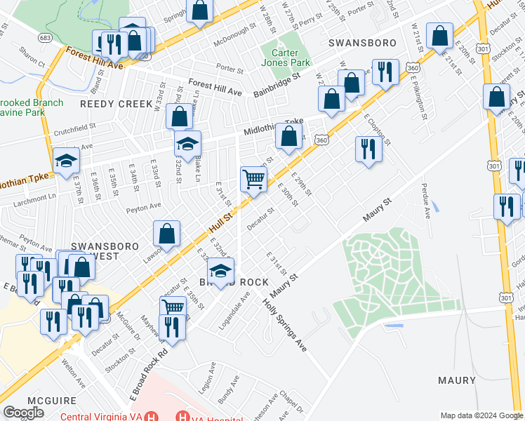 map of restaurants, bars, coffee shops, grocery stores, and more near 3013 Decatur Street in Richmond