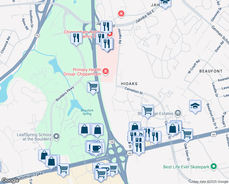 map of restaurants, bars, coffee shops, grocery stores, and more near 400 Hioaks Road in Richmond