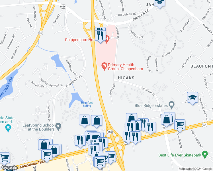 map of restaurants, bars, coffee shops, grocery stores, and more near 400 Hioaks Road in Richmond